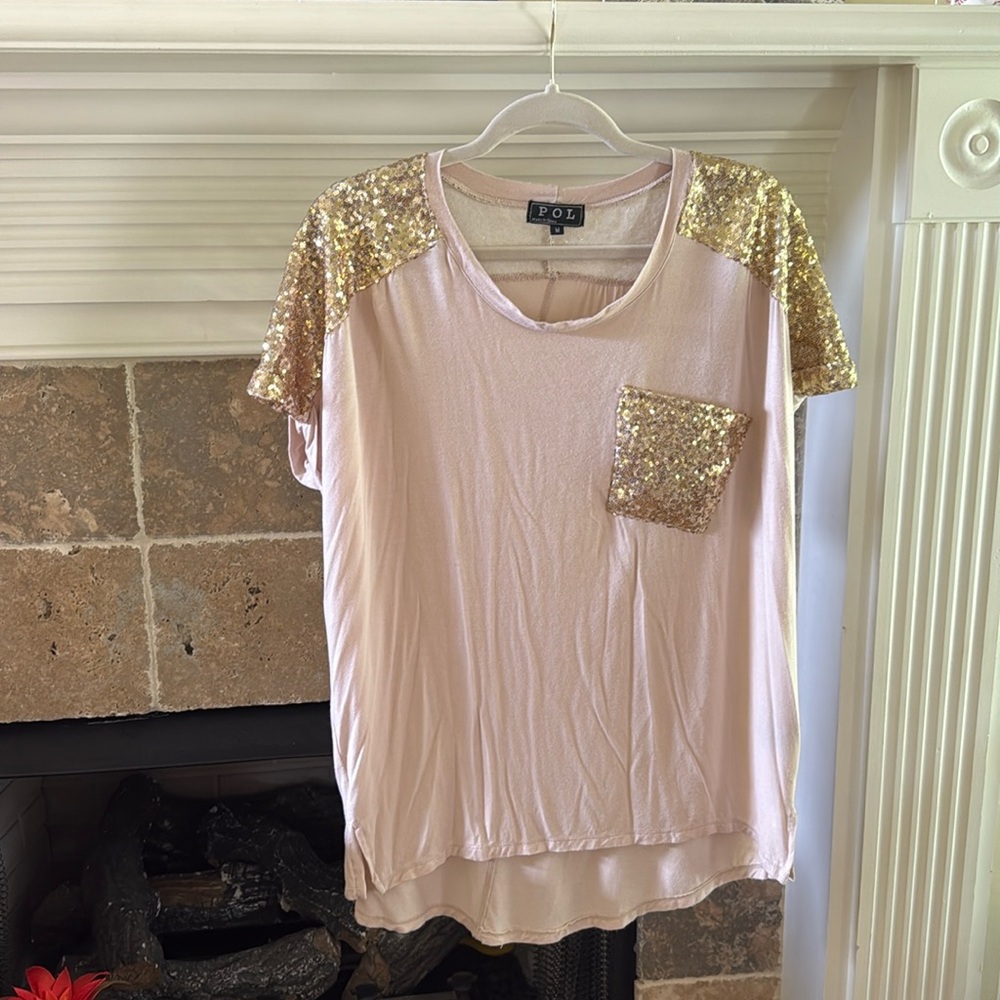 POL Gold Sequin and Cream Short Sleeve Tee